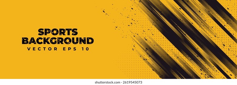 Horizontal abstract banner design with yellow and black dynamic dirty shape element for sports and game purpose event