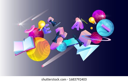 Horizontal abstract banner with geometrical shapes, chess, bulb, planets, shooting stars, book, paper airplane and pencils. Creative thinking colorful concept with 3D objects. 