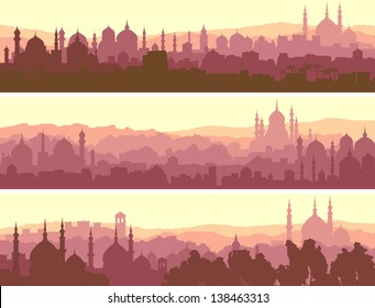 Horizontal abstract banners of arab city with mosques at sunset.