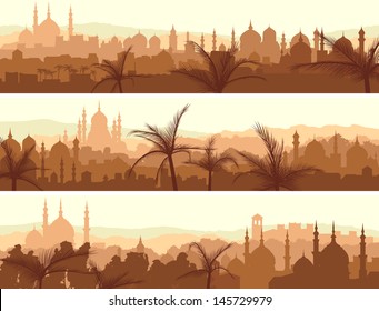 Horizontal abstract banners of arab city with palm trees at sunset.