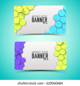 Horizontal abstract banners with colorful compositions from 3d hexagons on white background isolated vector illustration