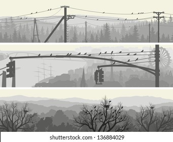 Horizontal abstract banners of flock birds in morning city and forest in pale tone.