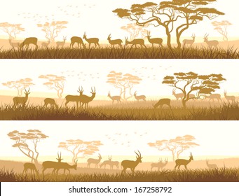 Horizontal abstract banners of herd antelope in African savanna with trees.