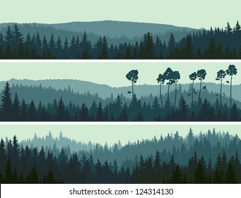 Horizontal abstract banners of hills of coniferous wood in dark green tone. - Shutterstock ID 124314130