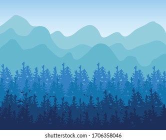 Horizontal abstract banners of hills of coniferous wood in dark blue tone.