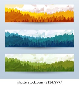 Horizontal abstract banners of hills of coniferous wood with mountain goats in different tone. 