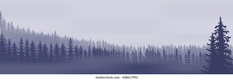Horizontal abstract banners of hills of coniferous wood in dark blue tone.