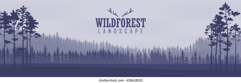 Horizontal abstract banners of hills of coniferous wood in dark blue tone.