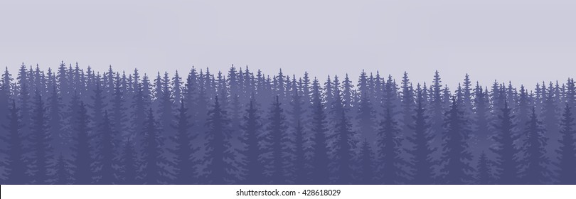Horizontal abstract banners of hills of coniferous wood in dark blue tone.