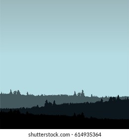 Horizontal abstract banners of hills of coniferous wood in dark green tone.