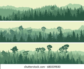 Horizontal abstract banners of hills of coniferous wood in green tone.