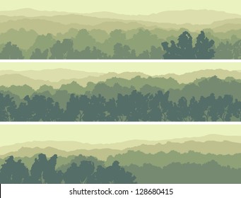 Horizontal abstract banners of hills of deciduous wood in light green tone.