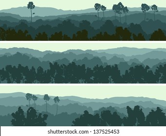 Horizontal abstract banners of hills of deciduous wood in dark green tone.