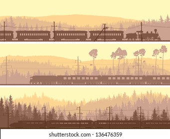 Horizontal abstract banners: locomotive and the high speed train on background hills of coniferous wood.