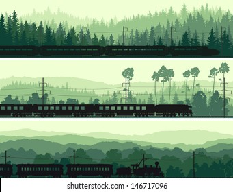 Horizontal abstract banners: locomotive and the high speed train on background hills of coniferous wood in green tone.
