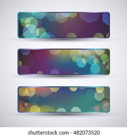 Horizontal abstract banners set with gradient effect and colorful bokeh pattern isolated on grey background flat vector illustration