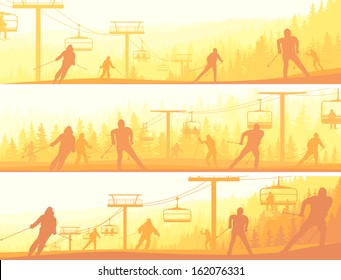 Horizontal abstract banners skiers in hills of coniferous forest at sunrise (yellow tone).