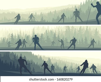 Horizontal abstract banners skiers in misty hills of coniferous forest (green tone).