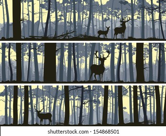 Horizontal abstract banners of wild deer in forest with trunks of trees.