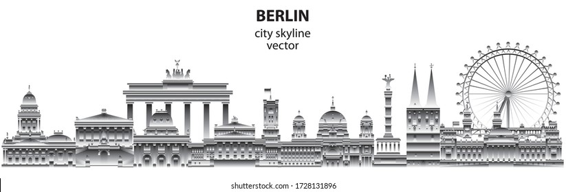 Horizontal abstract Berlin skyline travel illustration with architectural landmarks. Berlin traveling concept, German tourism and journey vector background in gradient white and black colors.