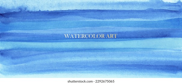 Horizontal abstract blue watercolor lines, waves, texture. Blue, turquoise, white watercolor fluid painting.