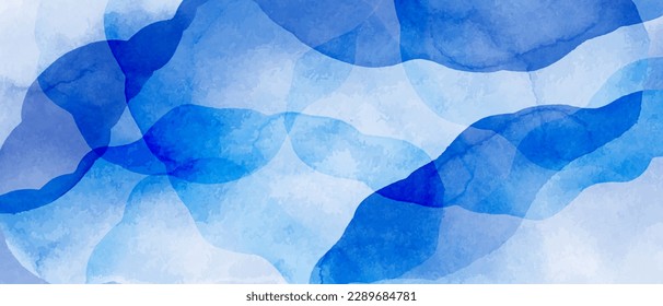 Horizontal abstract blue watercolor spots, waves, textures. Blue, turquoise, white watercolor fluid painting.