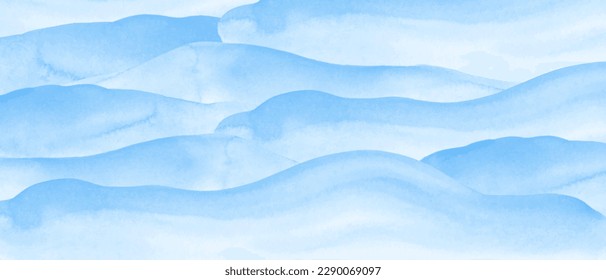 Horizontal abstract blue watercolor spots, waves, textures. Blue, turquoise, white watercolor fluid painting.