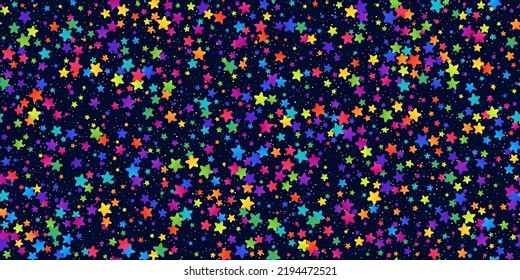 Resumen horizontal Brillante Patrón Cósmico sin Marea de Estrellas Coloridas sobre el fondo oscuro. Cielo nocturno arcoiris decorativo. Fondo continuo de espacio para embalaje, papel de paquete, papel de envolvimiento.