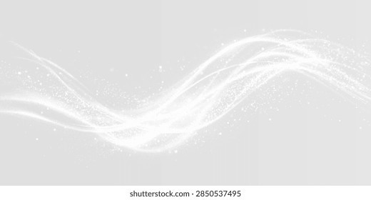 A horizontal, abstract composition featuring a flowing wave of white light and sparkling particles against a solid light gray background. The light trail creates a dynamic, curved motion effect, suggesting energy, speed, or a magical aura. The design is clean and minimalist, providing a versatile backdrop for graphic design projects.
