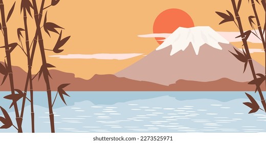 Horizontal abstract contemporary poster with natural image. Bamboo branches against the backdrop of Mount Fuji and the sun. Vector graphics.