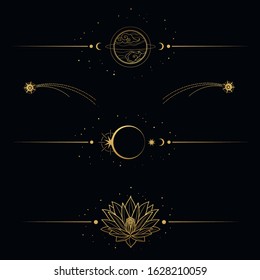 Horizontal abstract design elements with stars, planet, lotus. Vector template