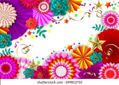 Horizontal abstract festive background with hanging paper fans, flowers and golden stars