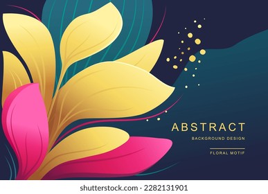 Horizontal abstract flat background with abctract shapes and  leaves in pink and blue color with gold. Vector illustation.