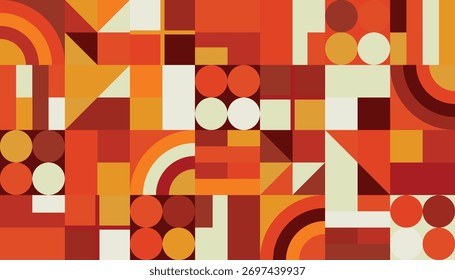 Horizontal abstract geometric art in vibrant orange, red, and golden autumn shades.
