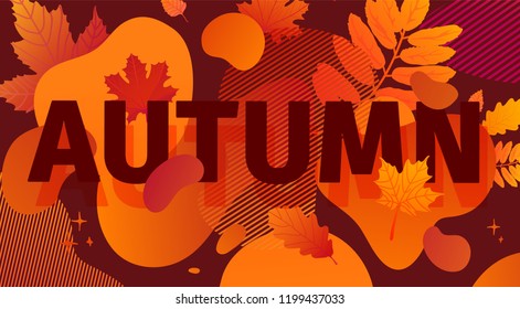 Horizontal abstract geometric design for autumn promotion. Fall offer banner with vector liquid form and decor maple leaf on brown background Orange template graphic elements with fluid dynamic shape.