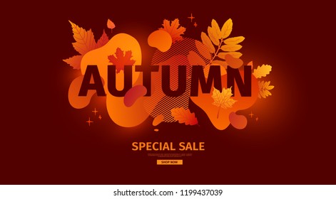 Horizontal abstract geometric design for autumn promotion. Fall offer banner with vector liquid form and decor maple leaf on brown background Orange template graphic elements with fluid dynamic shape.