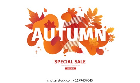 Horizontal abstract geometric design for autumn promotion. Fall offer banner with vector liquid form and decor maple leaf on background. Orange template graphic elements with fluid dynamic shape.