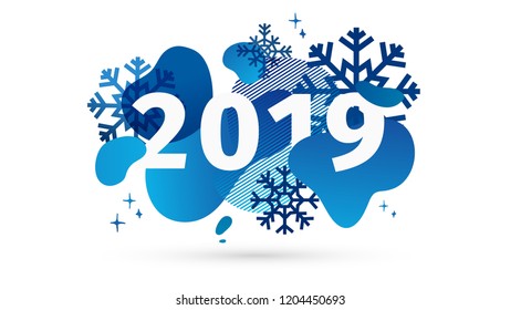 Horizontal abstract geometric design for happy new year 2019. Holiday offer banner with vector liquid form and decor snowflakes on background. Blue template graphic elements with fluid dynamic shape.