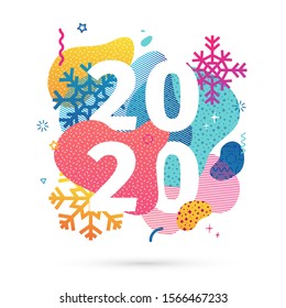 Horizontal abstract geometric design for happy new year 2020. Winter holiday colorful banner with vector liquid shape and snowflakes on background. Template Xmas graphic elements with dynamic shape