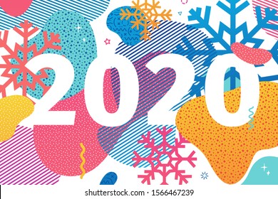 Horizontal abstract geometric design for happy new year 2020. Winter holiday colorful banner with vector liquid shape and snowflakes on background. Template Xmas graphic elements with dynamic shape