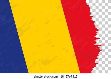Bandera de Cepillado de Grunge horizontal de Rumania sobre Cuadrícula Transparente. Plantilla de vectores.