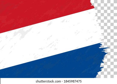 Horizontal Abstract Grunge Brushed Flag of Netherlands on Transparent Grid. Vector Template.