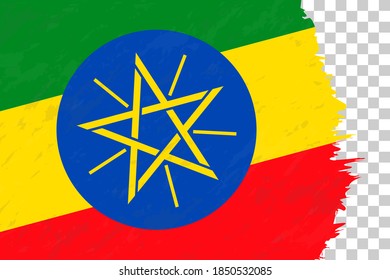 Horizontal Abstract Grunge Brushed Flag of Ethiopia on Transparent Grid. Vector Template.