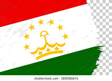 Horizontal Abstract Grunge Brushed Flag of Tajikistan on Transparent Grid. Vector Template.