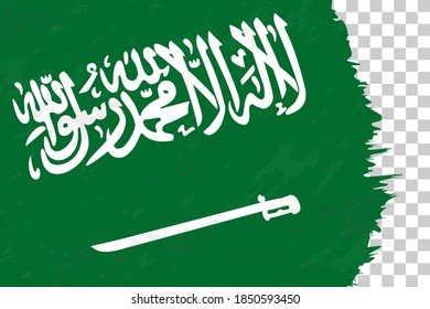 Horizontal Abstract Grunge Brushed Flag of Saudi Arabia on Transparent Grid. Vector Template.