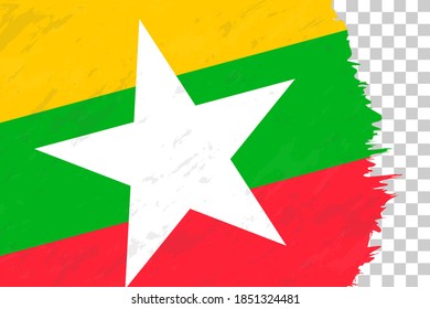 Horizontal Abstract Grunge Brushed Flag of Myanmar on Transparent Grid. Vector Template.