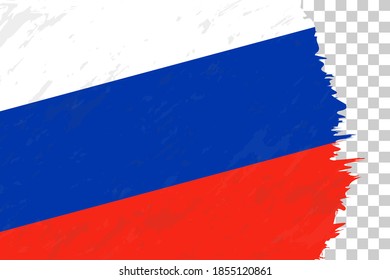 Horizontal Abstract Grunge Brushed Flag of Russia on Transparent Grid. Vector Template.