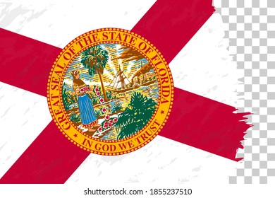 Bandera de Cepillado de Grunge horizontal de Florida en Cuadrícula Transparente. Plantilla de vectores.