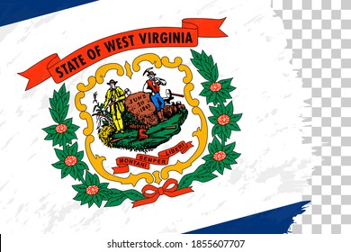 Bandera de Cepillado de Grunge horizontal de Virginia Occidental en Cuadrícula Transparente. Plantilla de vectores.