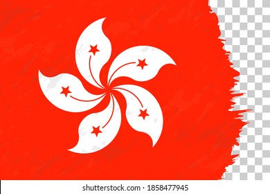 Horizontal Abstract Grunge Brushed Flag of Hong Kong on Transparent Grid. Vector Template.